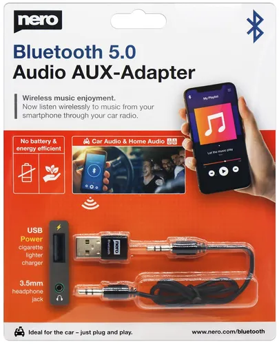 Nero Bluetooth 5.0 Audio AUX-Adapter - USB-Bluetooth-Adapter für KFZ und Hifi-Anlagen, ermöglicht kabelloses Streaming mit Bluetooth 5.0 für optimale Klangqualität.