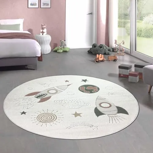 CARPETIA Raketen-Teppich 200 cm für Kinderzimmer - Großer, runder Teppich in creme-grau mit abenteuerlichem Weltraum-Design. Ideal für kreative Spielmomente und pflegeleicht für den täglichen Einsatz im Kinderzimmer.