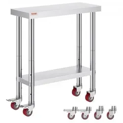 VEVOR Edelstahl Küchentisch mit Rollen 762 x 305 mm - Robuster Arbeitstisch aus rostfreiem Stahl mit 150 kg Tragfähigkeit, verstellbarem Unterregal und 360° drehbaren Rädern für einfache Mobilität – ideal für jede Küche.