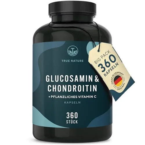 Glucosamin & Chondroitin Kapseln - 360 St mit Vitamin C - Nahrungsergänzungsmittel für gesunde Gelenke, unterstützt die Beweglichkeit und ist rezeptfrei erhältlich. Made in Germany von True Nature GmbH.