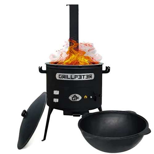 Utschak Asamat mit Kazan aus Gusseisen 22L - Kasserollen mit 22L Volumen, ideal für schmackhafte Eintöpfe und Grillgerichte, von der Marke Grillpeter.