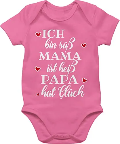 Shirtracer Baby Body Junge Mädchen - Sprüche - Ich bin süß Mama ist heiß Papa hat Glück Herzen - 1/3 Monate - Pink - strampler süße babymode witzig spruch dad bodys babybody mit sprüchen spruche mum