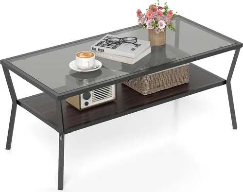 COSTWAY 2-stöckiger Couchtisch mit Glasplatte und Metallrahmen - Moderner Couchtisch mit großzügigem Stauraum: Die elegante Glasplatte und der stabile Metallrahmen machen ihn zum idealen Möbelstück für Wohnzimmer oder Büro. Praktisches Design für eine stilvolle und organisierte Umgebung.