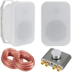 McGrey OLS-651WH Outdoor-Lautsprecher 60 Watt Weiß mit Bluetooth - Car-HiFi-Lautsprecher für Restaurant, Biergarten und Garten, mit 6,5'' Woofer, 1'' Hochtöner und Sparset inkl. Mini-Hifi-Verstärker für besten Klang im Freien.