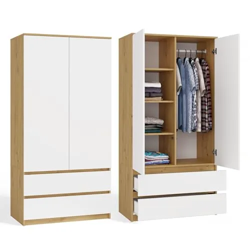 Kabinett Malwa SS-90 EICHE ARTISAN WEISS - Kleiderschrank mit elegantem Design in Eiche Artisan Weiß, bietet viel Stauraum und eine stilvolle Lösung für Ihr Schlafzimmer.