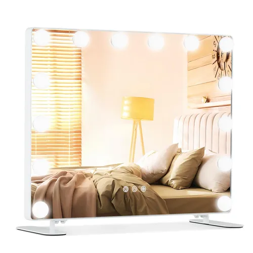 COSTWAY Hollywood Spiegel mit 14 LED-Leuchten - Kosmetikspiegel mit 3 Lichtfarben & dimmbaren LED-Leuchten für perfektes Make-up. Ideal für Tisch- oder Wandmontage, mit Touch-Steuerung und stabilen Metallständern.