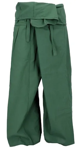 Extra lange Thai Fischerhose aus Baumwolle - Wickelhose in Olivgrün - Unisex Wickelhose im Ethno Style, gefertigt aus 100% Baumwolle. Ideal für ganzjährigen Tragekomfort, bequem geschnitten mit Bindegürtel für perfekten Sitz.
