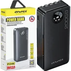 Awei Powerbank P134K 20000mAh - Schwarz mit LCD-Display - Powerbank mit 20000mAh Kapazität, LCD-Display für Echtzeit-Ladeüberwachung und universellen USB-/PD-/Lightning-/MicroUSB-Kabeln, perfekt für alle Geräte und Reisen.