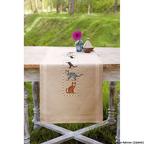VERVACO Stickpackung Kreuzstich Set Vorgedruckt Tischläufer Spielerische Kätzen Stickdecken Vorgezeichnet Basteln Erwachsene Kreativ Stickläufer zum Selbersticken 40 x 100 cm Stickset