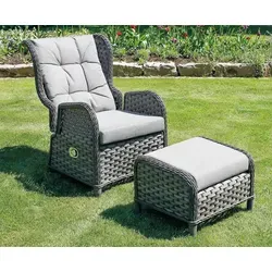 LEX Gartensessel COMFORT - Verstellbarer Relaxsessel mit Hocker - Sessel mit verstellbarer Rückenlehne und Hocker für optimalen Komfort, ideal für entspannte Stunden im Garten. Hochwertiger Stoffbezug in elegantem Grau.