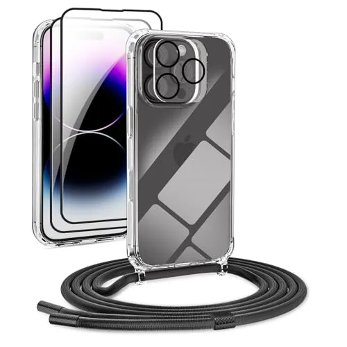 DiDaDi [5 in 1 Handykette Set für iPhone 16 Pro Necklace Hülle mit Bands+Transparent Schutzhülle+2*Schutzfolie+kameraschutz Glas, Schutzhülle zum Umhängen Kordel Case (Schwarz, iPhone 16 Pro)