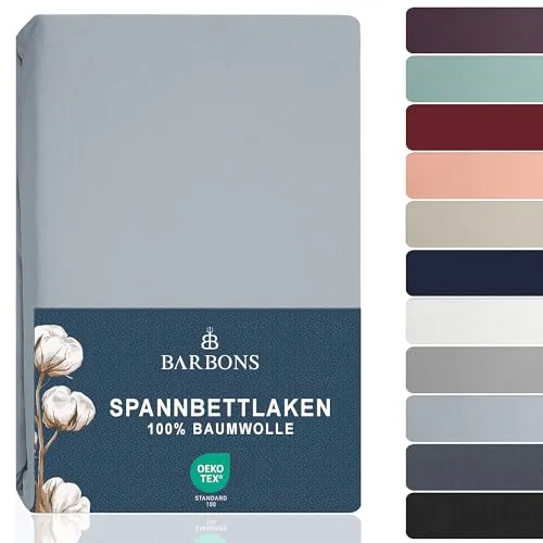BARBONS Spannbettlaken 180x200cm - 100% Baumwolle Spannbetttuch Oeko-TEX Zertifiziert Bettlaken Jersey Bettwaren und Bettbezug für Boxspringbett und Dicke Matratzen bis 27 cm - Hellblau 180 x 200