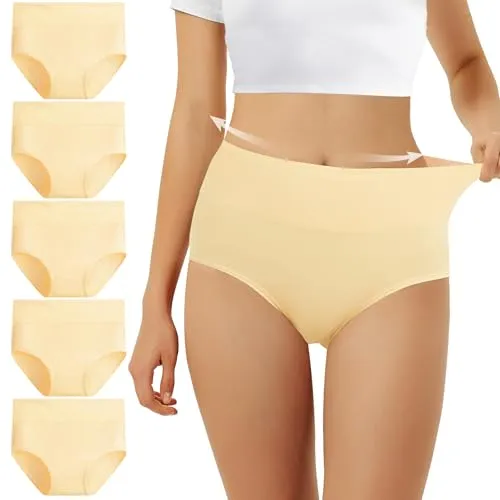 FALARY Unterhosen Damen Baumwolle Hohe Taille 5er Pack Stretch Atmungsaktiv Panties Weich Frauen Unterwäsche 2XL Hautfarben