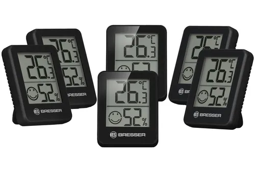Bresser 6er Set Thermometer Hygrometer - Digitales Raumthermometer für optimale Raumklima Kontrolle - Hygrometer: Präzise Messung von Temperatur und Luftfeuchtigkeit zur Schimmelvorbeugung. Vielseitige Montageoptionen und Smiley-Indikator für sofortige Handlungshinweise.