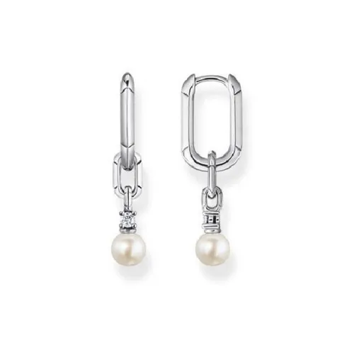 Thomas Sabo Damen Creolen aus 925er Sterling-Silber mit Glieder und Perlen - Ohrringe für Damen, elegante Creolen mit abnehmbarem Anhänger aus Süßwasserzuchtperle und funkelndem Zirkonia für vielseitige Looks.