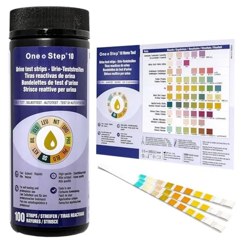One Step Urin Teststreifen für 10 Parameter I Mit Farbkarte für genaues hygienisches Ablesen I Keton, Glukose, Bilirubin, spez. Dichte, Blut, pH, Protein, Urobilinogen, Nitrit, Leukozyten 100 x