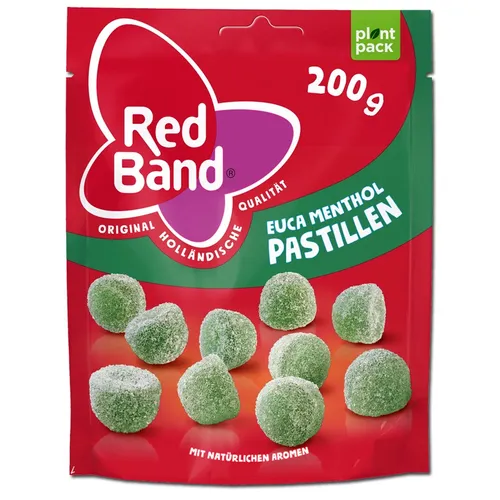 Red Band Euca Menthol Pastillen 200g Beutel - Fruchtige Eukalyptus-Menthol Pastillen im praktischen Beutel, ideal für den Genuss unterwegs oder zu Hause.