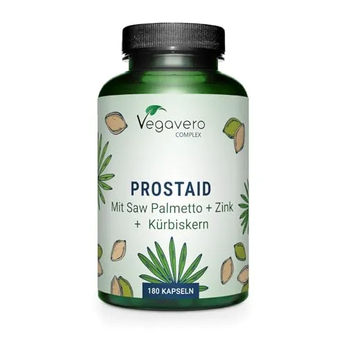 Vegavero Prostaid Complex mit Saw Palmetto | 180 vegane Kapseln - Nahrungsergänzungsmittel mit einer einzigartigen Mischung aus Sägepalme, Kürbiskern und Brennnessel für die Unterstützung der Prostatagesundheit, hergestellt in Deutschland ohne synthetische Zusatzstoffe.