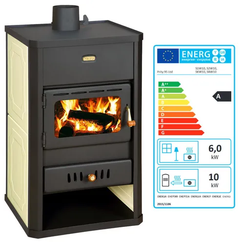 Wasserführender Kaminofen Prity S1W10 10 kW - Kaminofen der Energieeffizienzklasse A, wasserführend mit 10 kW Heizleistung, ideal für umweltbewusste Heizlösungen in Wohnräumen.