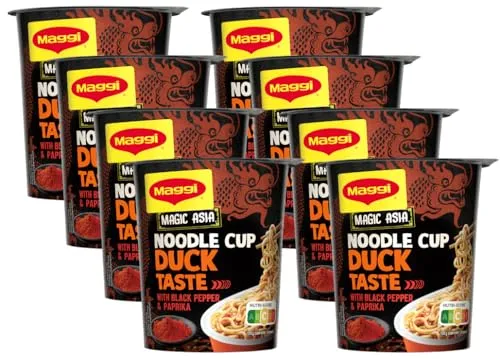 MAGGI Magic Asia Noodle Cup Duck, leckeres Fertiggericht mit Instant Nudeln in Brühe mit Enten-Geschmack im praktischen Becher, 8er Pack (8 x 63g)