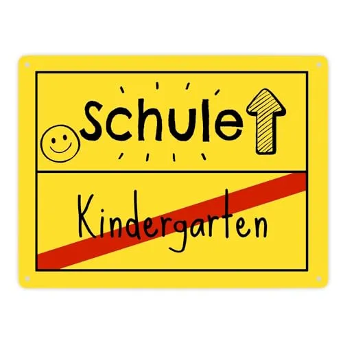 Zur Einschulung Metallschild XXL in 28x38 cm mit Spruch Schule - Kindergarten Schulanfang Überraschung Metallschild XXL in 28x38 cm für Kinderzimmer Tür oder Zaun Ideal für Erstes