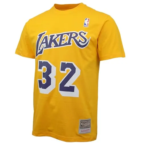Mitchell & Ness NBA Name & Number T-Shirt - Los Angeles Lakers, Magic Johnson, Größe L, Gelb-Lila - Stylisches NBA T-Shirt aus der Hardwood Classics Kollektion für Fans. Mit Druck der Trikotnummer und des Spielernamens für echten Teamgeist. 100% Baumwolle für hohen Tragekomfort das ganze Jahr über.
