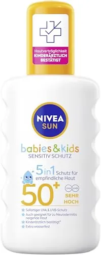 NIVEA SUN Babies & Kids Sensitiv Schutz 5in1 Sonnenspray LSF 50+, extra wasserfestes Sonnencreme Spray für Kinder, duftfreier Sonnenschutz auch für zu Ekzemen neigende Haut (200 ml)