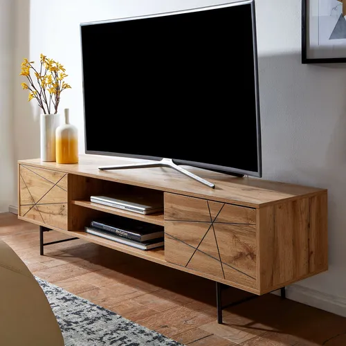 FINEBUY Lowboard FB76449 - TV-Halterungen: Modernes Lowboard in Eiche-Dekor mit 2 Türen, ideal für eine stilvolle TV-Präsentation und maximaler Belastbarkeit von 25 kg.