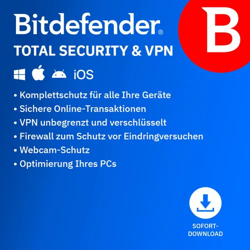 Bitdefender Total Security 2025 mit Unlimited VPN für 5 Geräte - Security-Suiten mit umfassendem Schutz und unbegrenztem VPN für sicheres Surfen, ideal für Familien und kleine Unternehmen.
