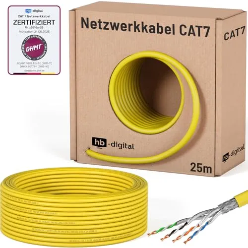 HB-DIGITAL 25m CAT 7 Netzwerkkabel LAN Kabel Verlegekabel Ethernet Installationskabel 10 Gbit/s - reines Kupfer AWG23 S/FTP - GHMT Zertifiziert LSZH Datenkabel Simplex - Gelb