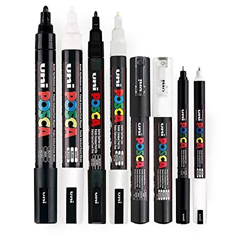 POSCA Stifteset, schwarz und weiß, dünne bis mitteldicke Spitze, 8 Stifte (PC-5M, PC-3M, PC-1M, PC-1MR)