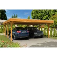 Skan Holz Carport Spessart 611 cm x 846 cm Eiche hell - Doppelcarport aus lasiertem Leimholz mit optimaler Stabilität, ideal für zwei Fahrzeuge. Hohe Formstabilität und witterungsbeständiges Dach sorgen für Langlebigkeit und Schutz.