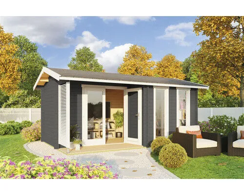 Gartenhaus Outdoor Life Riverside mit Fußboden - 540 x 357,1 cm - Gartenhaus mit Satteldach in stilvollem Carbongrau, aus robustem Holz gefertigt und ideal für die Aufbewahrung oder als Rückzugsort im Garten.