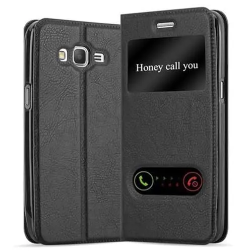 Cadorabo Hülle kompatibel mit Samsung Galaxy Grand Prime in KOMETEN SCHWARZ - Schutzhülle mit Magnetverschluss, Standfunktion und 2 Sichtfenstern