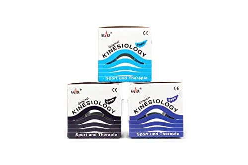 Nasara Original Kinesiologisches Physio Sport Tape: Sparset,Blue Line' mit 3 Tapes in türkis, mittelblau und dunkelblau für Sport und Medizin, Rollengröße 5cm x 5m