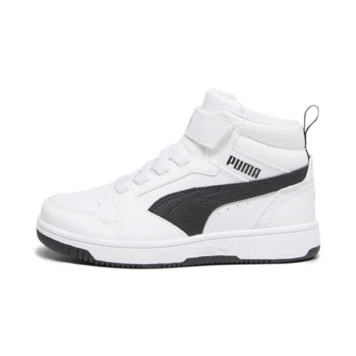 PUMA REBOUND V6 MID AC+ PS Weiß - Sneaker für Kinder mit hohem Komfort, inspiriert von Basketball. Gepolsterte Einlegesohle und praktische Schlaufe für einfaches An- und Ausziehen.