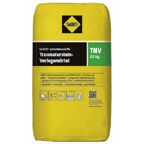 Sakret Trass-Natursteinverlegemörtel TNV 0-2mm Mittelgrau 25 kg - Hochwertiger Trassmörtel für die professionelle Verlegung von Natursteinen. Ideal für Innen- und Außenanwendungen, temperaturbeständig von -20 °C bis +80 °C.