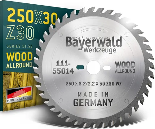 Bayerwald HM Kreissägeblatt 250 x 3.2/2.2 x 30 Z30 WZ QW - Hochwertiges Kreissägeblatt für vielseitige Anwendungen in Holz und Plattenmaterialien. Made in Germany, ideal für präzise Schnitte in Weich- und Hartholz.