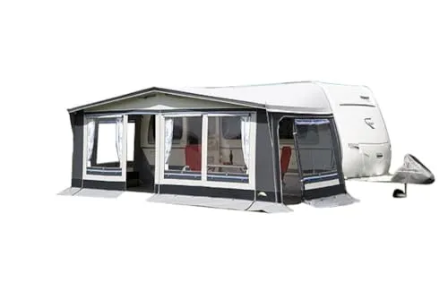 DWT Wohnwagen Vorzelt Polo für Reise- und Saisoncamping, 240 cm Tiefe, hochwertiges und beidseitig kunststoffbeschichtetes Polyestergewebe, 5-teiliges Zelt, Größe:Gr. 14 Umlaufmaß 941-970 cm