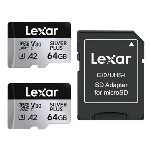 Lexar Silver Plus Micro SD Karte 64GB - 2-Pack - Speicherkarten mit bis zu 205 MB/s Lesegeschwindigkeit, ideal für 4K UHD Videoaufnahmen und schnelle Datenübertragungen. Robust und kompatibel mit den meisten Geräten.