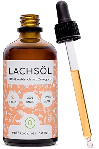 Lachsöl für Hunde mit Omega 3 - 100ml natürliches Ergänzungsmittel - Fischöl für Hunde, hochdosiert mit Omega-3 aus Atlantik-Meer-Lachs, unterstützt gesunde Haut und glänzendes Fell, ideal für alle Rassen und einfach ins Futter zu mischen.