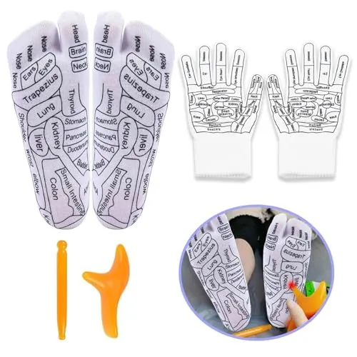 Paar Fußreflexzonen Socken mit Akupressur-Handschuhe und Massagegeräte, Akupressur Socken für Fuß Reflexzonen Massage, Soothe Socks für Eine Verbesserte Fußgesundheit (Frauen) 1