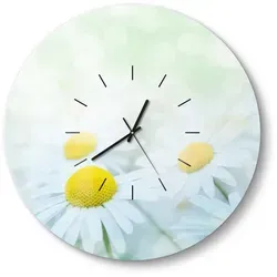 DEQORI Glasuhr Ø50 cm 'Frühlingsgänseblümchen' – Moderne Küchenuhr - Setze stilvolle Akzente in deinem Zuhause mit der DEQORI Glasuhr! Diese elegante Wanduhr aus robustem Sicherheitsglas (Ø 50 cm) begeistert durch ihr einzigartiges Blumenmotiv und den schwebenden Effekt.