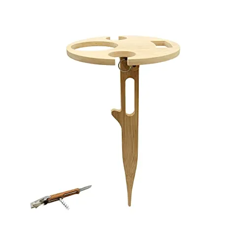 UNUS Garden Weintisch klappbar Outdoor, Weinhalter aus Bambus Holz, Natur, Weinglashalter für Picknick, Camping oder Garten, inklusive Taschenmesser mit Korkenzieher und Flaschenöffner