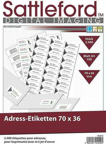 ETIKETTEN 70 x 36 mm weiß A4 Laser Inkjet Kopierer Drucker Klebeetiketten 2400