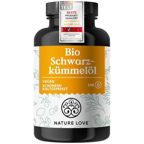 NATURE LOVE® Bio Schwarzkümmelöl Kapseln 240 Stück - hochdosiert, allergenfrei, vegan - Hochdosierte Bio Schwarzkümmelöl Kapseln mit 1000mg pro Tagesdosis. Kaltgepresst aus Ägypten, 4 Monate Vorrat. Ideal für vegane Ernährung, ohne Gentechnik.