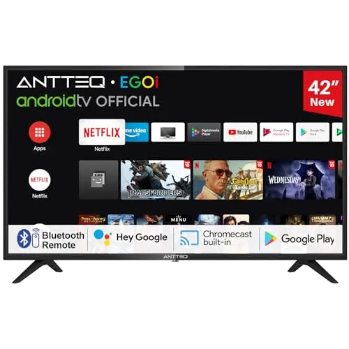 Antteq AG42F3 42 Zoll Smart TV mit Bluetooth - Erleben Sie Full HD Unterhaltung auf einem 106 cm großen Bildschirm. Genießen Sie Zugriff auf über 5000 Apps, integrierten Google Assistant und Chromecast für müheloses Streamen.