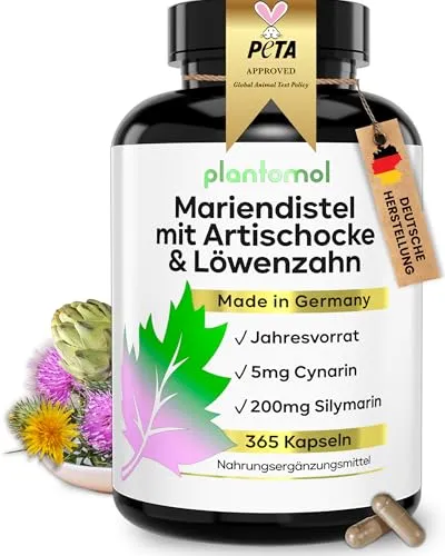 Mariendistel Komplex Hochdosiert – 365 Mariendistel Leber Komplex Kapseln – JAHRESVORRAT mit Artischocken Extrakt & Symarin als Leber Komplex Kapseln – Milk Thistle Capsules – 1 Kapsel/Tag