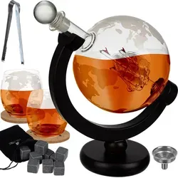 Whisky-Set Globus - Elegante Karaffe mit Gläsern und Stein-Eiswürfeln - Dekanter-Set für Whisky-Liebhaber, stilvolles Globus-Design mit 850 ml Kapazität, ideal für besondere Anlässe und stilvolle Präsentationen.
