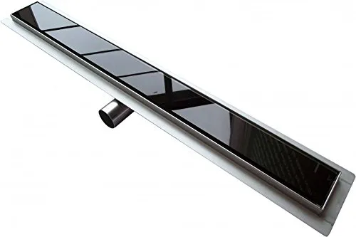 Edelstahl Duschrinne GL01 - Schwarz Glas Ablaufblende, 700mm - Extrem flache Duschrinne aus Edelstahl SUS304 mit verstellbaren Ankerfüßen für einfache Höhenanpassung. Wählen Sie Ihre Wunschlänge für eine individuelle Anpassung im Bad.